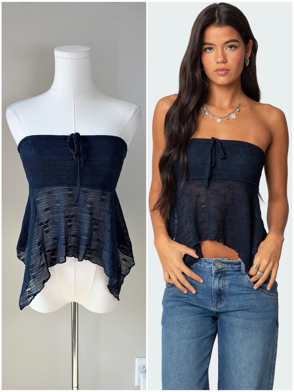 Edikted Navy Embroidered Sheer Strapless Top Fairy Feminine Romantic